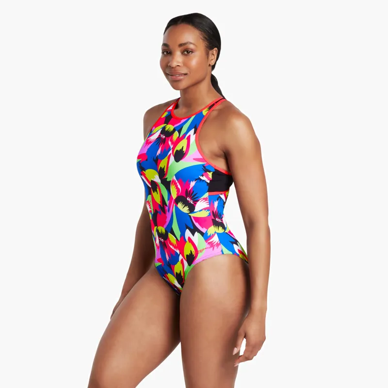 Zoggs Ecofeel Crossback Florish Pink Silver Lined Swimsuit-2